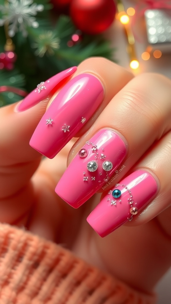 Close-up of pink Christmas nails with encapsulated glitter and ornaments, showcasing a festive design.